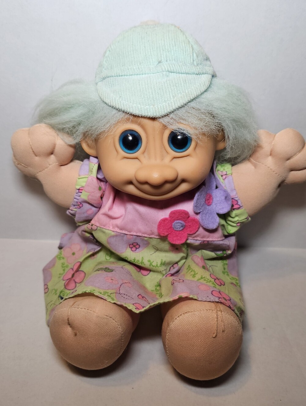 Vintage Troll Doll Russ Blue Green Hair Floral Dress Plush 90s Toy Stuffed Doll